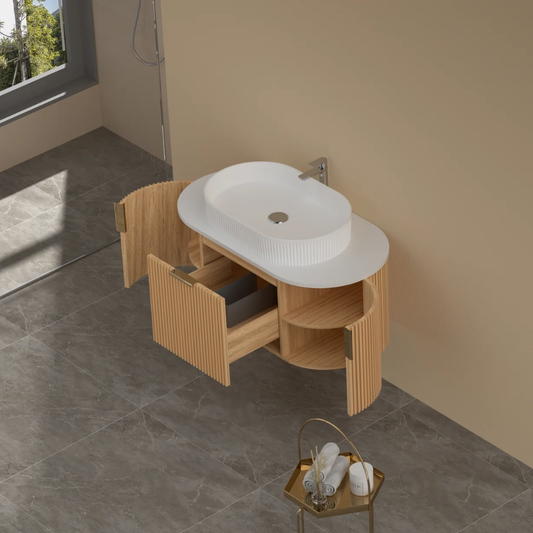 Navona Carysil 900mm Walnut Fluted Wall Hung Vanity with Stone-top