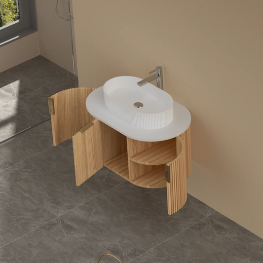 Navona Carysil 750mm Walnut Fluted Wall Hung Vanity with Stone-top
