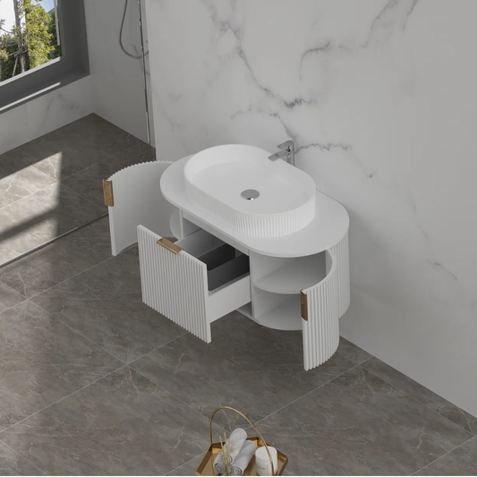 Navona Carysil 900mm White Fluted Wall Hung Vanity with Stone-top