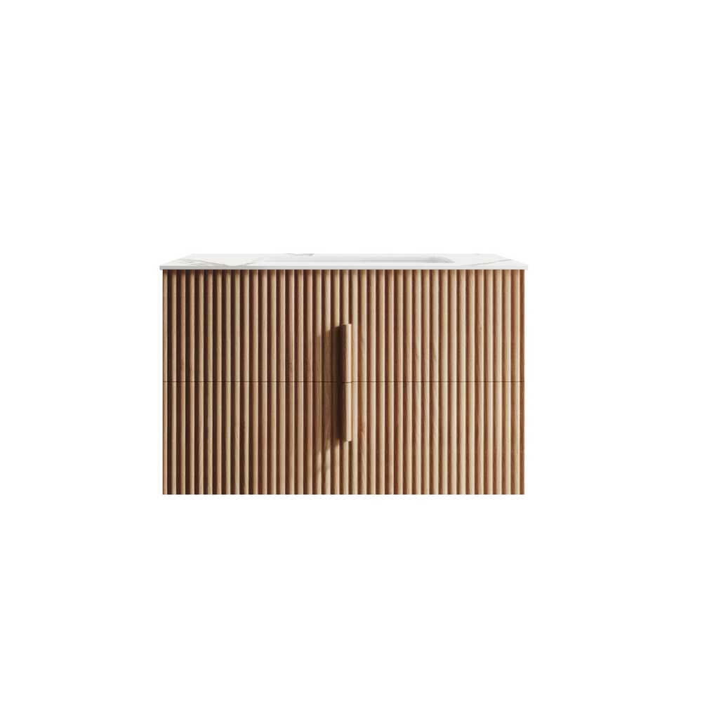 Roma 900mm Fluted Timber Wall Hung Single Vanity Cabinet with Alpine White Countertop