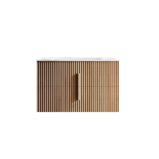 Roma 900mm Fluted Timber Wall Hung Single Vanity Cabinet with Alpine White Countertop