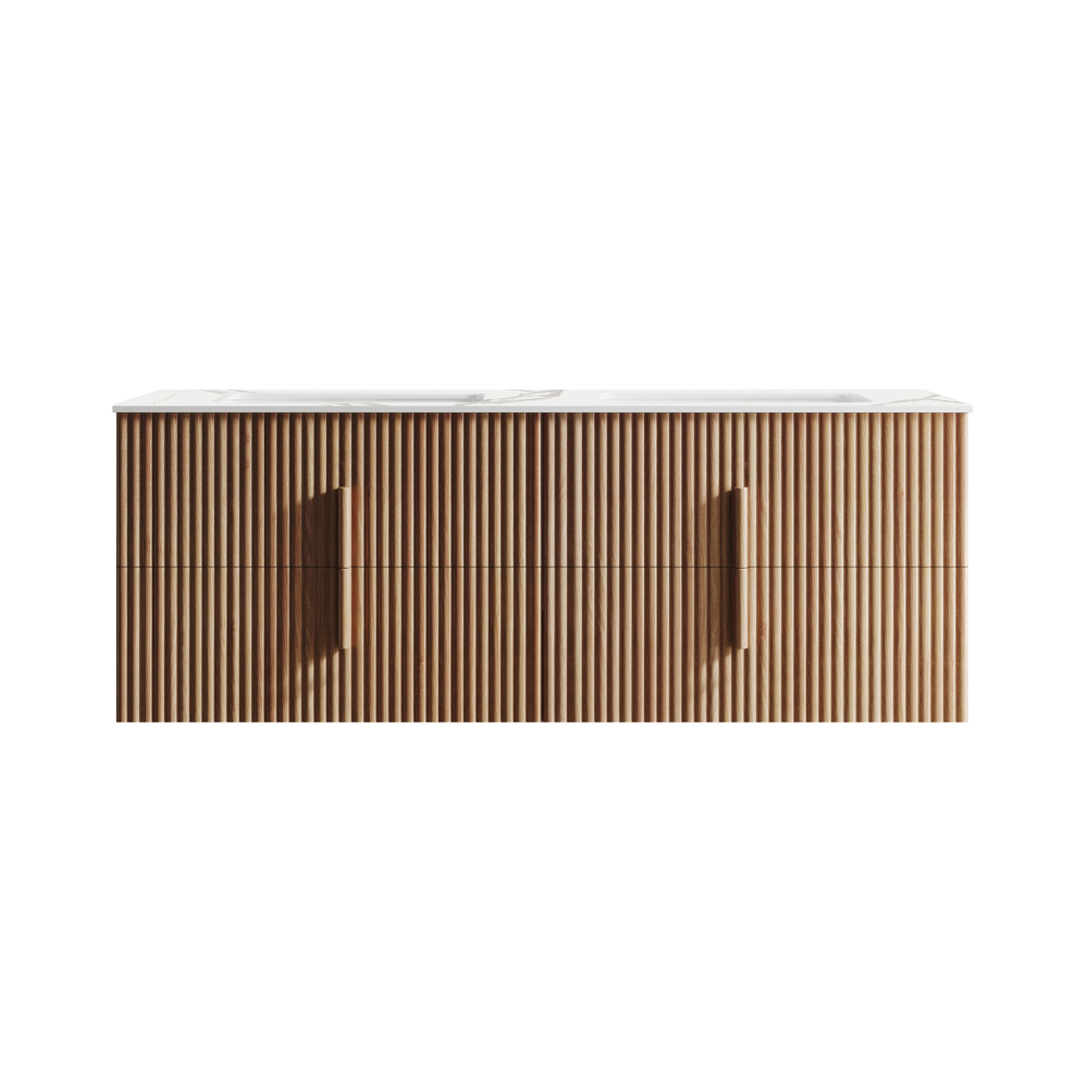 Roma 1500mm Fluted Timber Wall Hung Double Vanity Cabinet with Alpine White Countertop