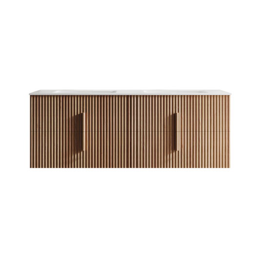 Roma 1500mm Fluted Timber Wall Hung Double Vanity Cabinet with Plain White Countertop