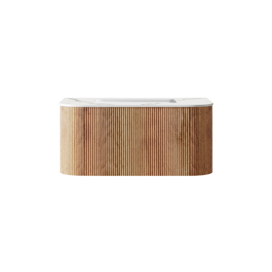 Bella 900mm Fluted Timber Wall Hung Single Vanity Cabinet with Alpine White Countertop