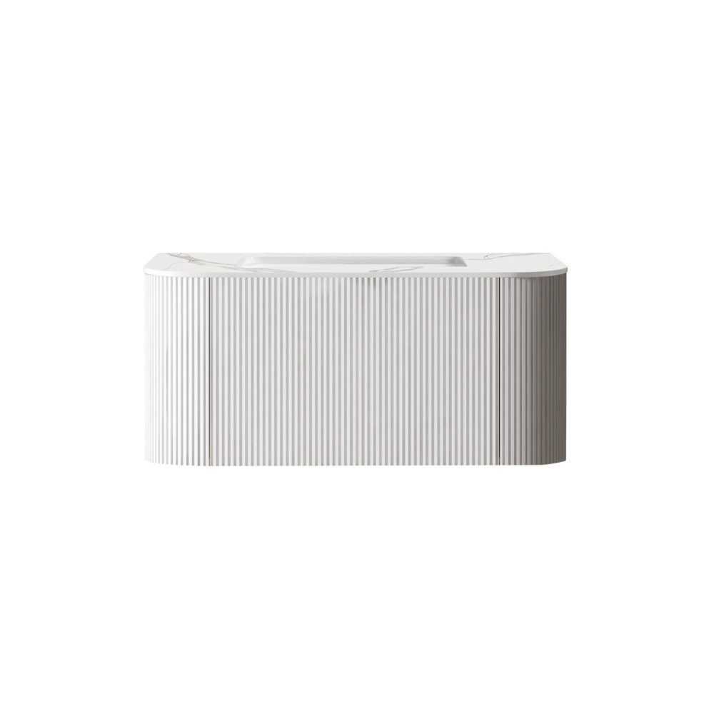 Bella 900mm Fluted White Wall Hung Single Vanity Cabinet with Alpine White Countertop
