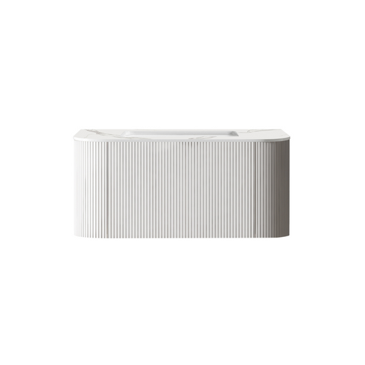 Bella 900mm Fluted White Wall Hung Single Vanity Cabinet with Alpine White Countertop