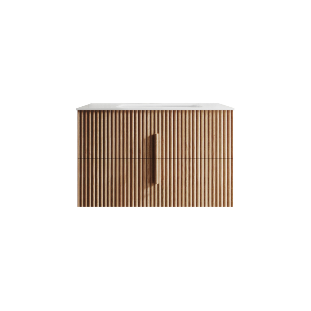 Roma 900mm Fluted Timber Wall Hung Single Vanity Cabinet with Plain White Countertop