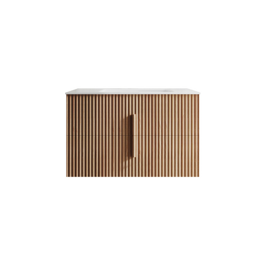 Roma 900mm Fluted Timber Wall Hung Single Vanity Cabinet with Plain White Countertop
