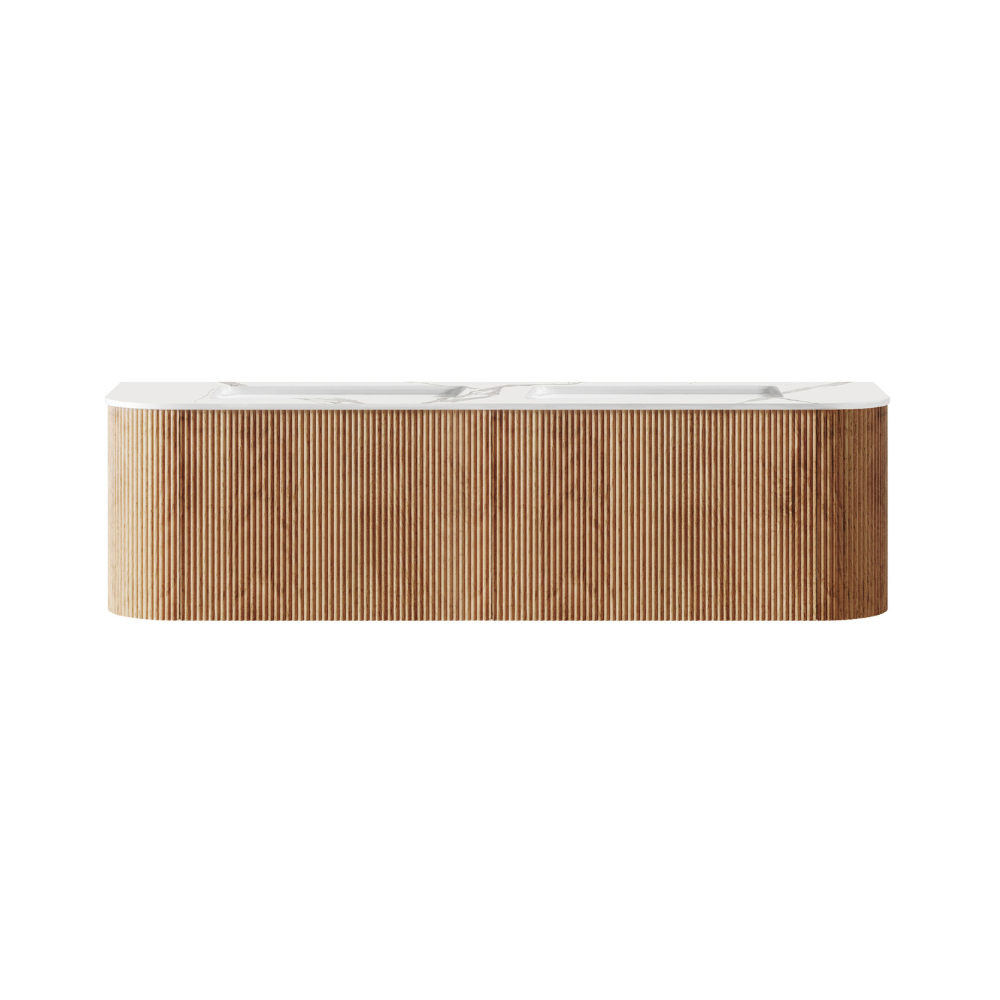 Bella 1500mm Fluted Timber Wall Hung Double Vanity Cabinet with Alpine White Countertop