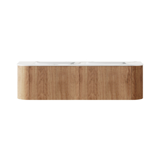 Bella 1500mm Fluted Timber Wall Hung Double Vanity Cabinet with Alpine White Countertop