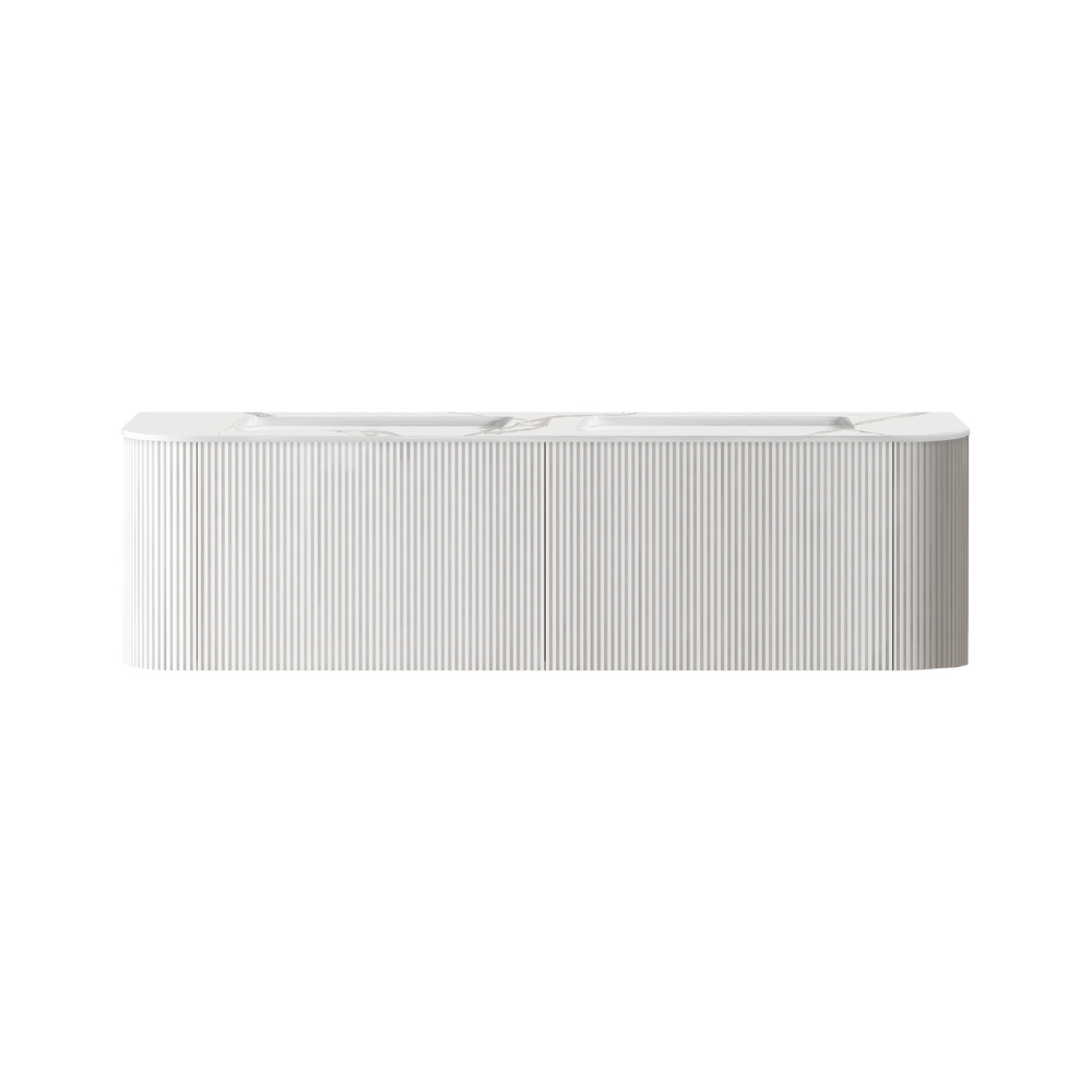 Bella 1500mm Fluted White Wall Hung Double Vanity Cabinet with Alpine White Countertop