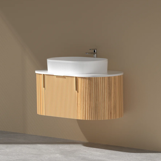 Navona Carysil 900mm Walnut Fluted Wall Hung Vanity with Stone-top
