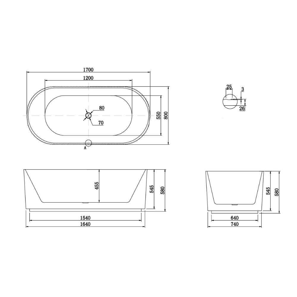 Berri Matte Fluted Freestanding Bathtub 1700mm